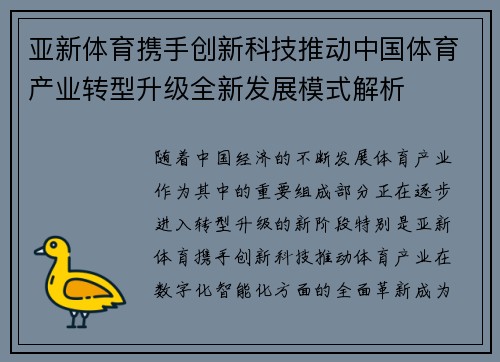 亚新体育携手创新科技推动中国体育产业转型升级全新发展模式解析